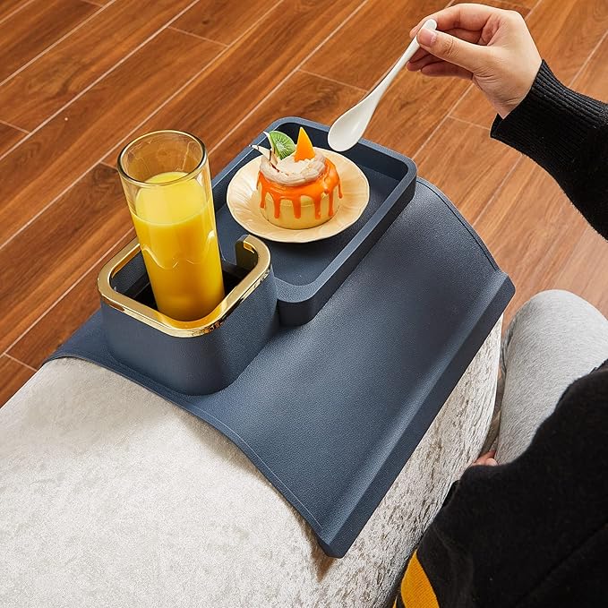1 Pc Couch Cup Holder Tray Silicone Anti-Spill Anti Slip Sofa Armrest Drink Holder Weighted Couch Caddy Recliner Arm Table for Remote Controls, Phones, Cups and Snacks (Blue)