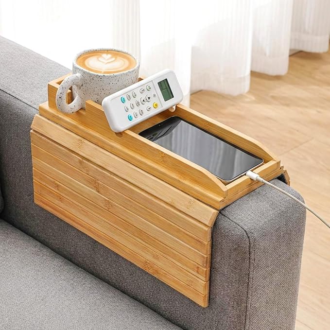 Couch Cup Holder Tray, Bamboo Couch Arm Cup Holder 2 in 1 Anti-Slip Sofa Armchair Caddy Table with Detachable Cups Holders Foldable Sofa Arm Organizer Tray for Drinks Cellphone Snacks Remote