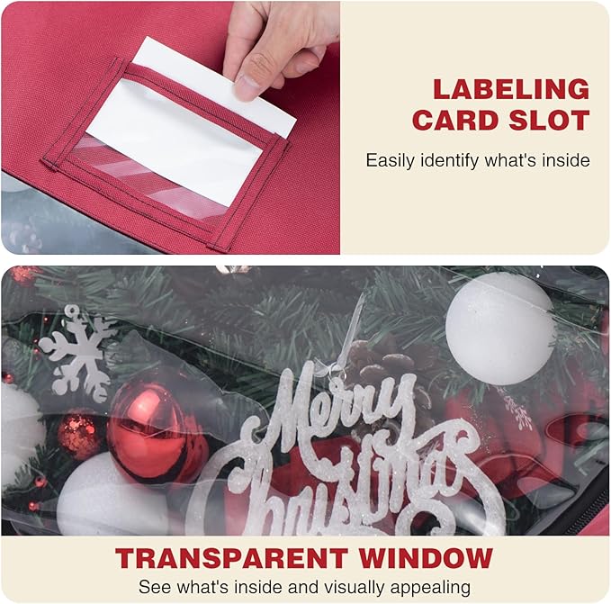 Christmas Wreath Storage Bag 36 inch Christmas Decoration Container with Transparent Window Garland Storage Bag with Three Handles Double Zipper (red) (36")