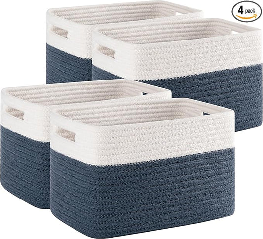4 Pack Storage Baskets for Organizing, Woven Baskets for Shelves - Perfect for Toys, Books, Towels, and Clothes, Durable Gift Basket Bins Toy Storage, 12.7''L x9''W x7.8''H, Blue and White