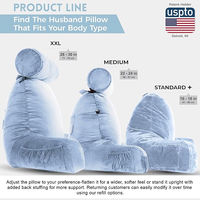 Husband Pillow XXL The Original for Adults - 30" Tall Backrest for Sitting Up in Bed - Firm Support Reading & Bed Rest Pillows for Adults, Neck Roll, Removable Cover - TV - Sky Blue