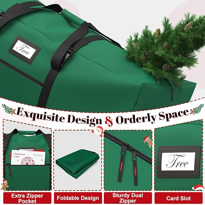 Christmas Tree Storage Bag with Rolling Wheels, Fits for 9ft Xmas Artificials, Large Xmas Storage Container with Reinforced Carry Handles and Fixed Buckle, 600D Oxford Cloth, Dual Zippers