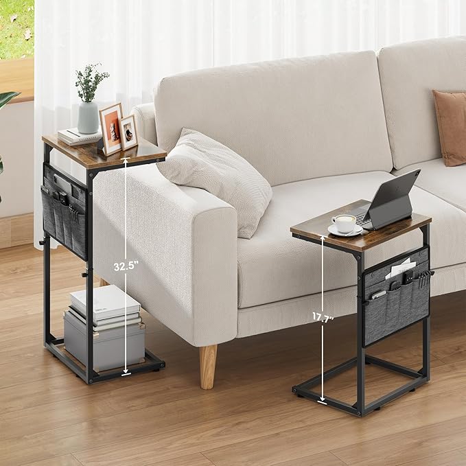 Vagusicc C Shaped End Table, Small Side Table for Couch, Adjustable Height Sofa Table with Metal Frame for Living Room, 33'' Tall Side Table for Couch, Bedroom, Bedside, Rustic Brown and Black