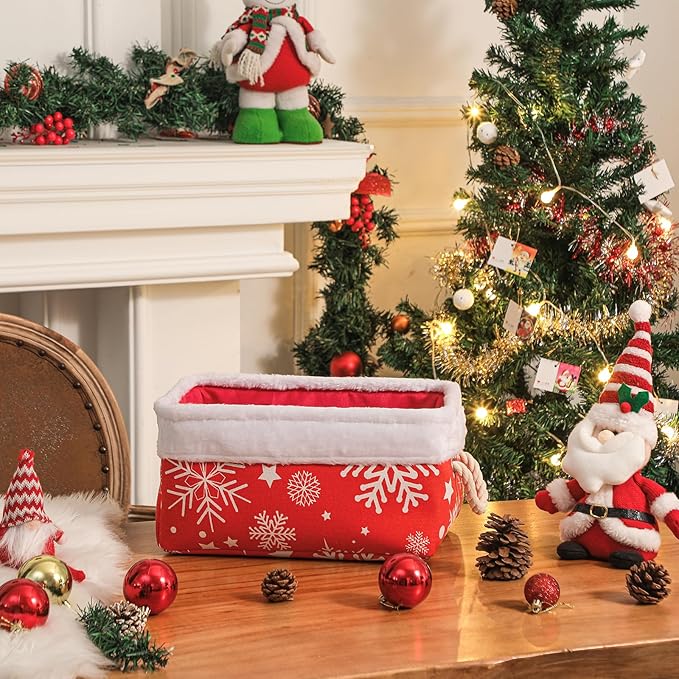 INough Christmas Ornament Storage Box Holiday Decoration Organizer, Christmas Basket for Kids Large Gifts Baskets Empty with Handles Santa Sack with Drawstring (Medium, Snowflake)