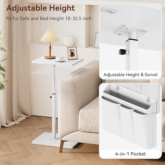 Vagusicc Sofa Armrest Tray Table for Couch - 360° Swivel Height Adjustable Side Table for Small Spaces, Snack Side Table for Bed or Chair, C Shaped End Table Snack Table for Eating Dinner Laptop