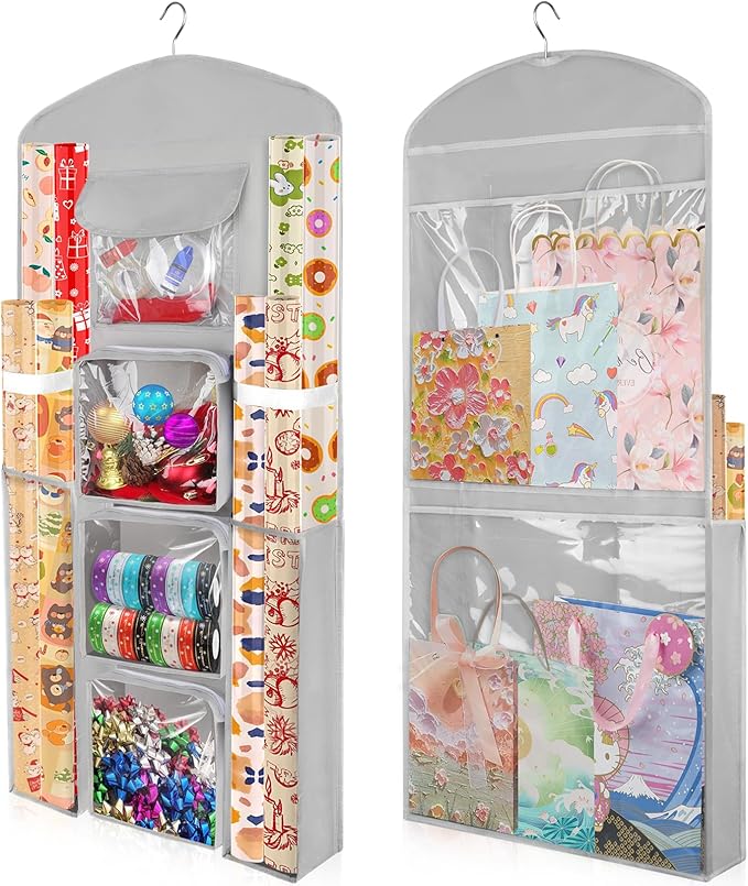 Woodoulogy Hanging Gift Wrapping Paper Storage, 40"X17" Grey Double-Sided Christmas Wrapper Bag Container, Oxford Craft Roll Organizer, Present Wrap Holder for Bedroom Closet, Door, Cabinet