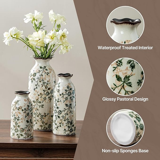 for Mom from Daughter or Son, Ceramic Vase Set of 3, Vintage Green & Beige Chinoiserie Floral Vases, Rustic Grandmillennial Farmhouse Decor for Living Room, Kitchen, Bedroom
