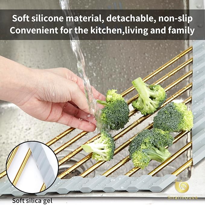 Snailhouse Small Triangle Roll Up Dish Drying Rack, Stainless Steel Kitchen Foldable Sink Caddy Organizer Sponge Holder for Sink Corner, Gold
