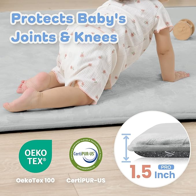 1.5" Super Thick Baby Play Mat for Floor, 79x118 Pro Soft Flannel Foam Mats for Toddler Infant Kids Crawling for Nursery Rug Playroom Living Room Waterproof Easy Care Non-Slip (Light Grey)