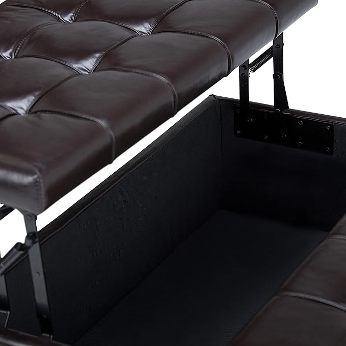 SIMPLIHOME Harrison Coffee Table Storage Ottoman - 36 inch Wide Upholstered Vegan Leather Square Lift-Top Ottoman in Tanners Brown, Transitional Ottoman for Living Room with Hidden Storage