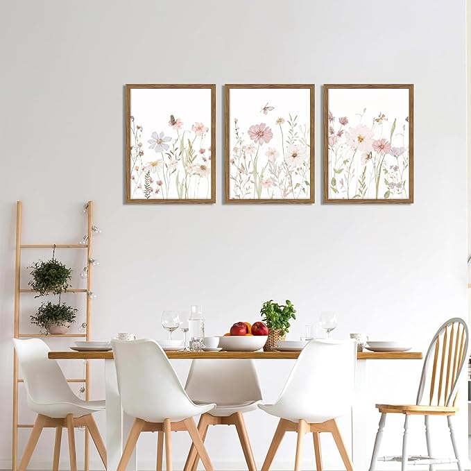 Framed Wildflower Wall Art Set of 3, Pink Floral Canvas Wall Decor Pictures, Vintage Flower Botanical Paintings, Nursery Flowers Butterfly Posters Prints for Bedroom Living Room 16x24 Inch