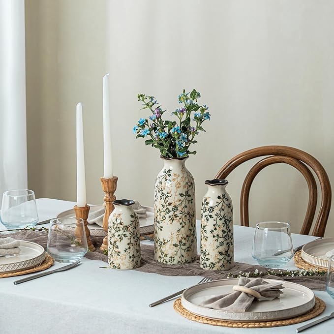 for Mom from Daughter or Son, Ceramic Vase Set of 3, Vintage Green & Beige Chinoiserie Floral Vases, Rustic Grandmillennial Farmhouse Decor for Living Room, Kitchen, Bedroom
