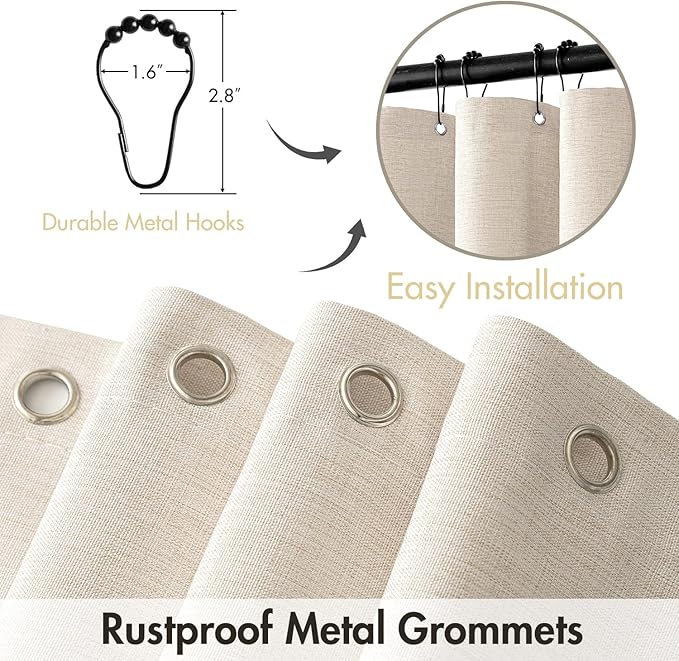 MIULEE 90" Long Scalloped Shower Curtain Linen Textured with 12 Metal Hooks Cute Extra Long Heavy Duty Washable Waterproof Cloth Shower Curtains with Black Border for Bathroom Hotel Bathtub,Beige