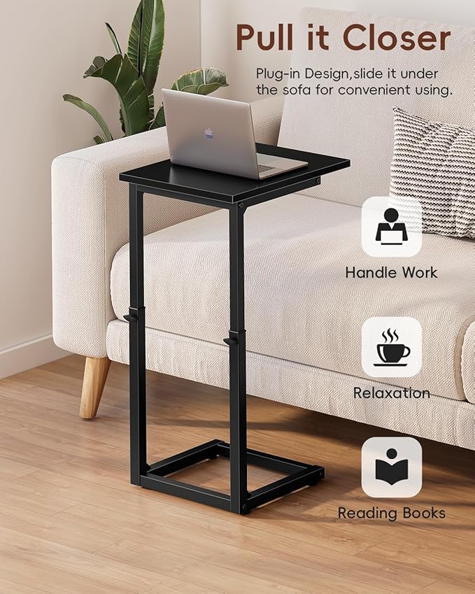 Vagusicc C Shaped End Table, 33" Tall Side Table for Couch, Small C-Table End Table Adjustable Height Couch Side Table, Couch Table Slide Under Sofa Table TV Tray Table for Living Room,Bedroom,Black