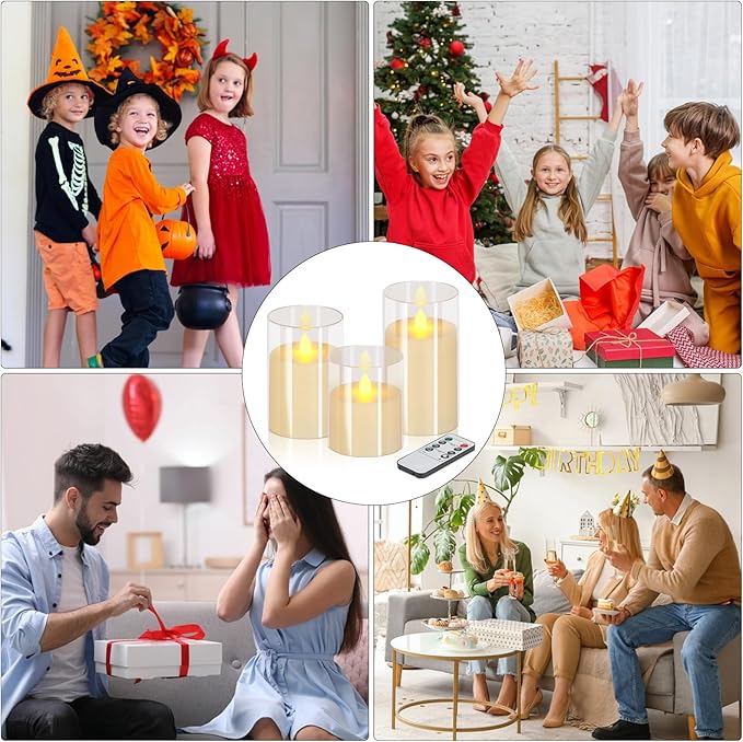 wemarry Flameless Candles 4" 5" 6" Acrylic Glass Pillars 3" Diameter Battery Operated Flickering Candles Include 8-Key Remote with Timer Function 400+ Hours (Pure White, Warm Light 6 Pack)