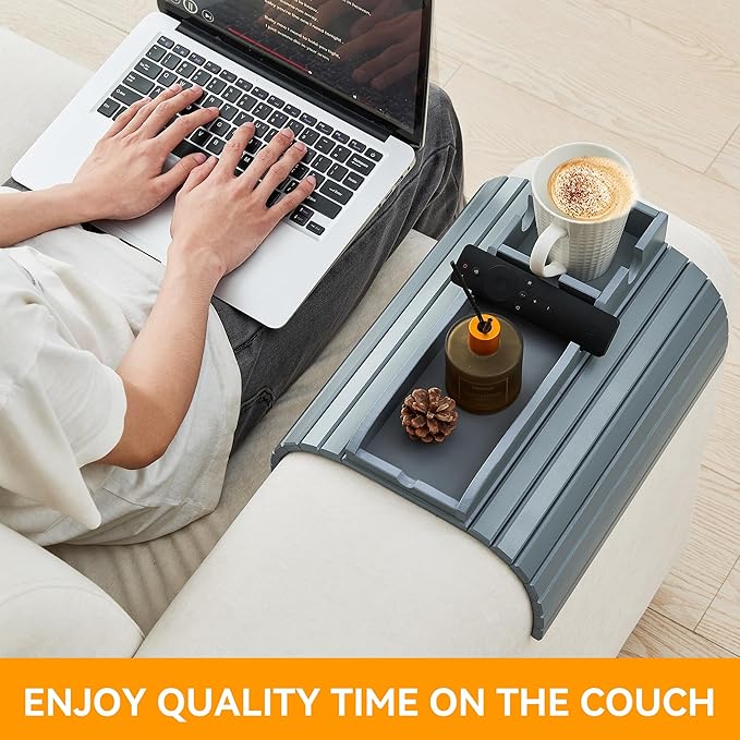 GEHE Bamboo Couch Cup Holder, Anti-Spill Sofa Arm Tray, Natural and Easy to Clean Couch Arm Cup Holder Armrest Tray Perfect for Cups, Beers, Snacks, Remote Control, Drinks