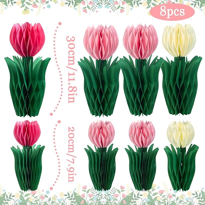 8 Pcs Tulip Honeycomb Decorations, Spring Decorations for Office, Spring Table Decor, Tulip Party Decorations, Spring Centerpieces for Tables for Mothers Day Spring Party, Womens Day