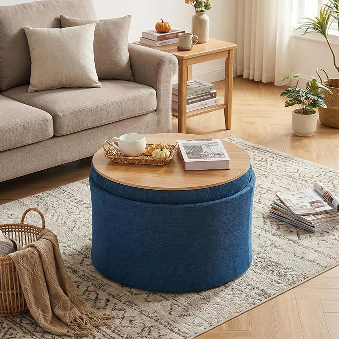 ONBRILL 25" Round Ottoman Coffee Table, Storage Ottoman with Lift-Off Lid, Multifunctional Foot Rest & Hidden Storage, Sturdy Steel Frame for Bedroom, Living Room, Corners, Apartment