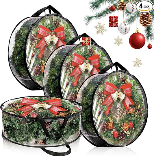 4 PCS Wreath Storage Container - 30x8 Inch Christmas Wreath Storage Bags With Zipper - Clear PVC Wreath Protector for Holiday Garland, Seasonal Decor Organization
