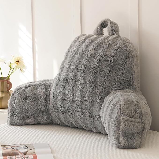 Yaoshuho Faux Fur Reading Pillow for Sitting in Bed, Large Backrest Bed Pillow with Arms, Back Support Pillow for Lounging Bedrest, Gray