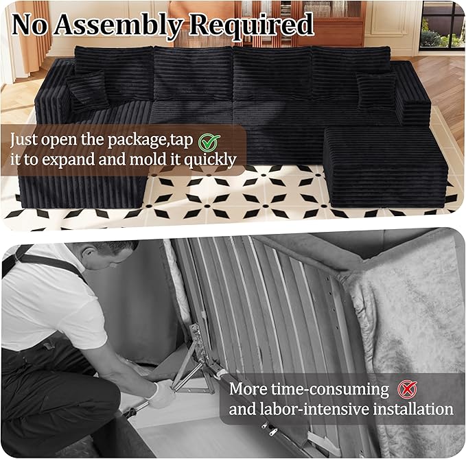 118" U Modular Sectional Sofa, Oversized Cloud Boneless Sofa Couch with Chaise, Modern Corduroy U Shaped Cloud Sofa with Deep Seat & Chaise for Living Room, No Assembly Required | Boneless Compressed, Sofa in a Box, Cloud Couch, Deep Seats, No Assembly...