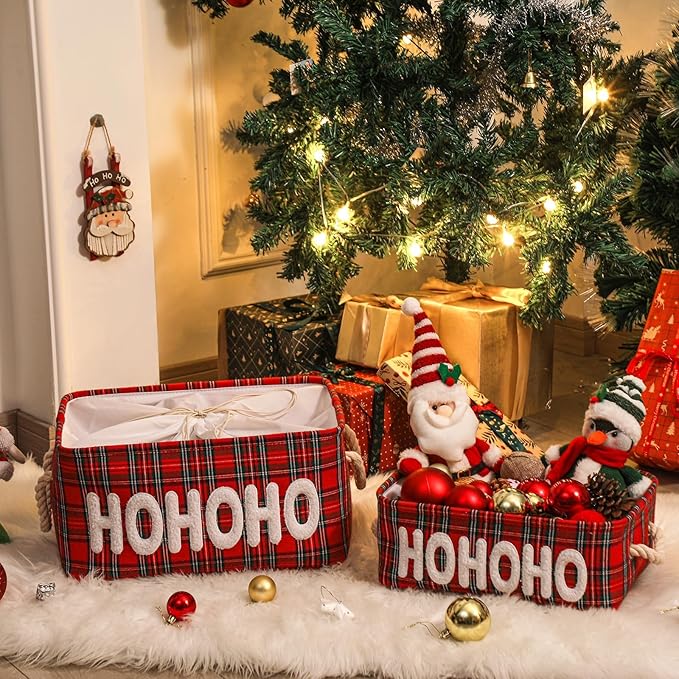 Christmas Gifts Baskets Empty Farmhouse Ornament Box Storage Basket Canvas Bins for Holiday Gift Toy Storage Organizing Baskets for Nursery, Living room, Baby Toy chest, Rectangular