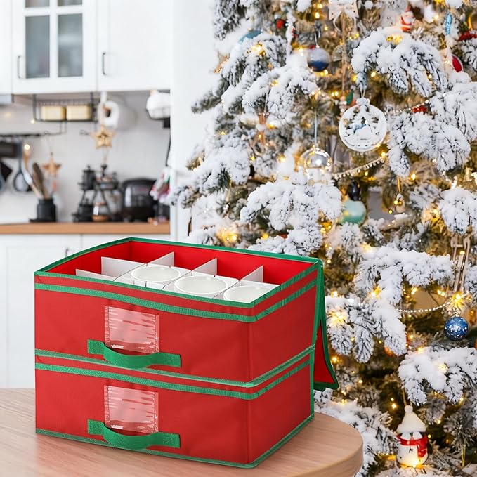 Chunful 2 Pcs Mug Storage Box with Adjustable Divider Christmas Holiday China Storage Organizer Holder for Coffee Mug Cup Christmas Container with Lid Handle Label Window for Moving Supplies, Hold 24