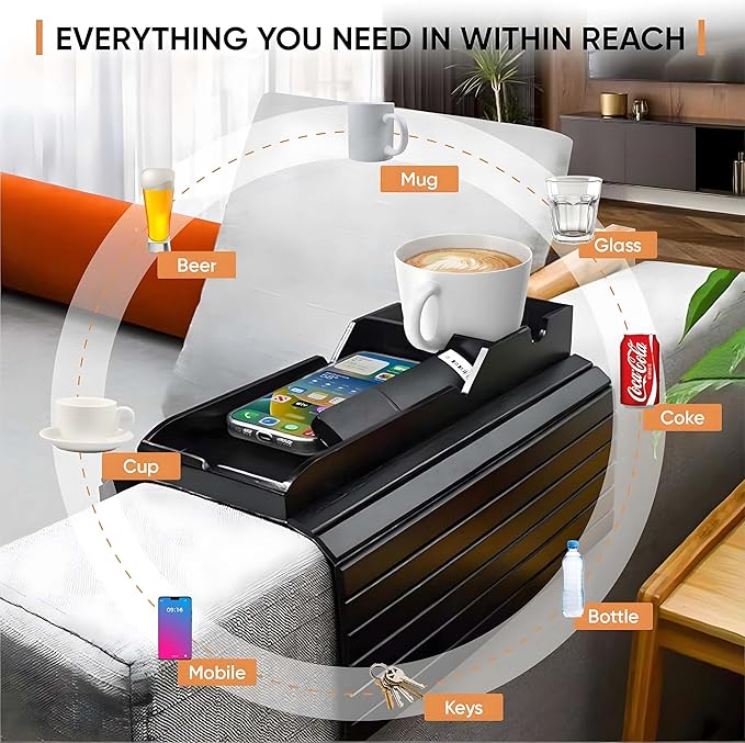 Bamboo Couch Cup Holder Tray, Sofa Arm Tray with Black Mat | Anti-Slip Foldable Sofa Armrest Table for Snacks, Drinks, Donuts, Phone & Remote - Lab Tray | Anti-Falling Couch Organizer
