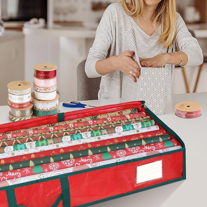 Gift Wrapping Storage Box Christmas Wrapping Paper Storage Bag with Flexible Partitions Pockets Capacity Durable Handle Gift Wrap Organizer
