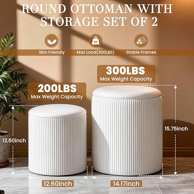 Vanity Stool Set of 2 - Round Storage Ottoman with Lid, Velvet Footrest Pouf for Makeup Room & Living Room, Multi-Use Small Chair with Hidden Storage（White）