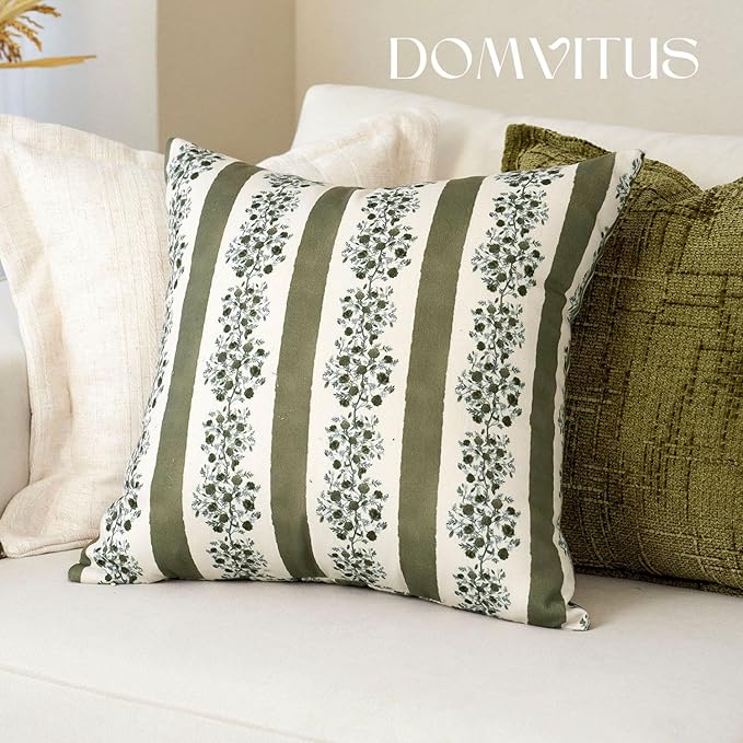 DOMVITUS Floral Throw Pillow Covers 18x18 Inch Set of 2, Block Print Decorative Pillow Covers Vintage Striped Neutral Farmhouse Boho Home Decor for Couch Sofa Bed Living Room, Green