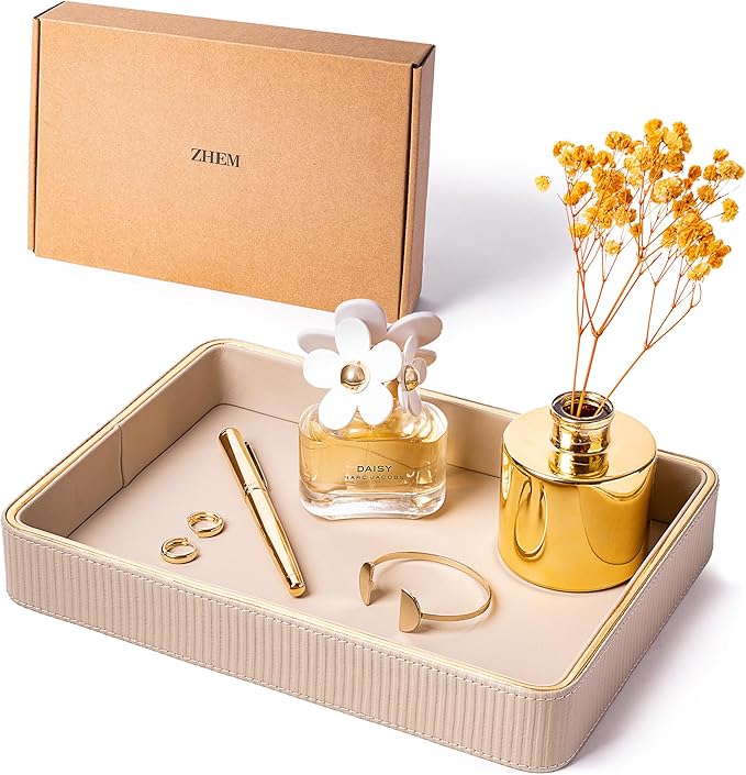 ZHEM Perfume Tray Valet Tray Night Stand Bedside Organizer| Perfume Organizer Catchall| Perfume Trays for Dresser Vanity Tray for Dresser Countertop| Perfume Holder (Beige)