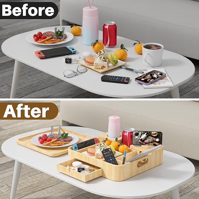 Couch Cup Holder, Couch Tray Cup Holder Sofa Tray, Large Capacity 2-Tier Wooden Trays with Drawer for Sofa, Bed, Picnic, Drinks, Snacks, Remote, Cell Phone, Headphones (Solid Pine Wood)12.5*12.5 in