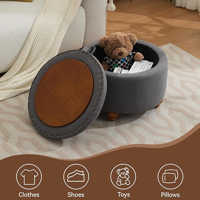 WUTUTUEE 24Inch Round Storage Ottoman with Tray, Modern Tufted Fabric Circle Coffee Table with Storage, Upholstered Ottoman with Removable Top for Living Room, Bedroom, Dark Grey
