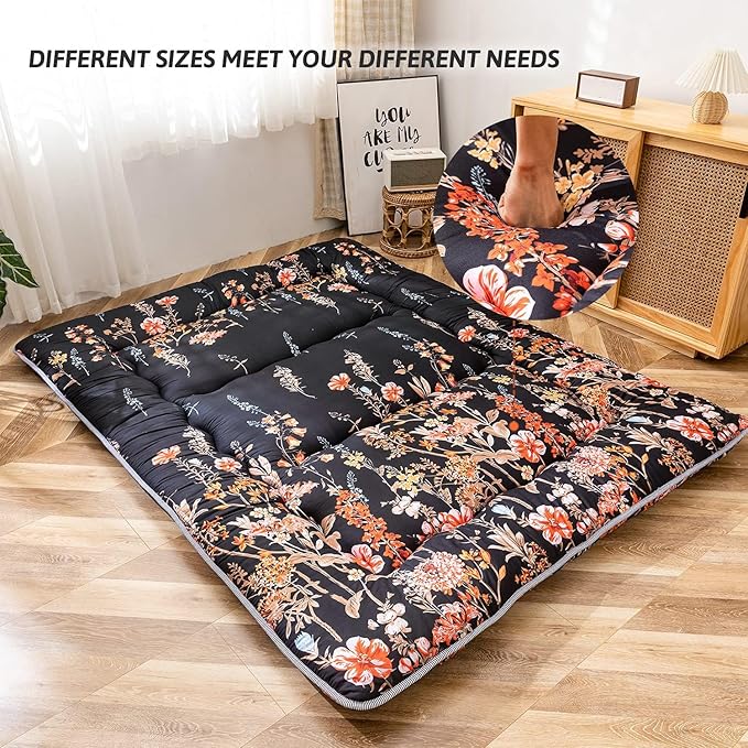 Black Floral Japanese Futon Floor Mattress, Mattress Topper Portable Thick Sleeping Pad Floor Mat Roll Up Camping Mattress Folding Couch Mattress Pad for Guest Room, Twin Size