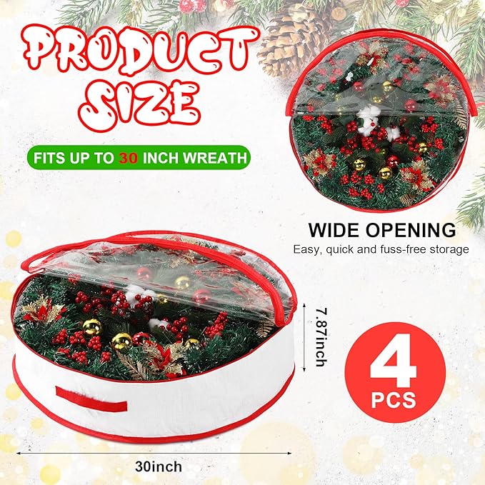 Aliceset 4 Pack Wreath Storage Containers, Ornament Garland Wreath Storage Bags with Handle Zipper Decorative Storages Box for Winter Valentine Wreaths(30 x 30 x 7.8 Inch,White)