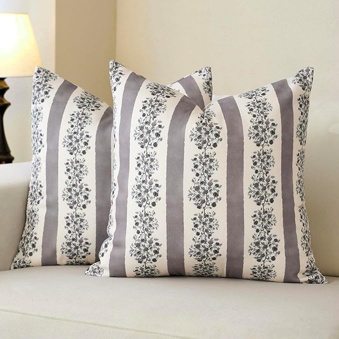 DOMVITUS Floral Throw Pillow Covers 18x18 Inch Set of 2, Block Print Decorative Pillow Covers Vintage Striped Neutral Farmhouse Boho Home Decor for Couch Sofa Bed Living Room, Grey