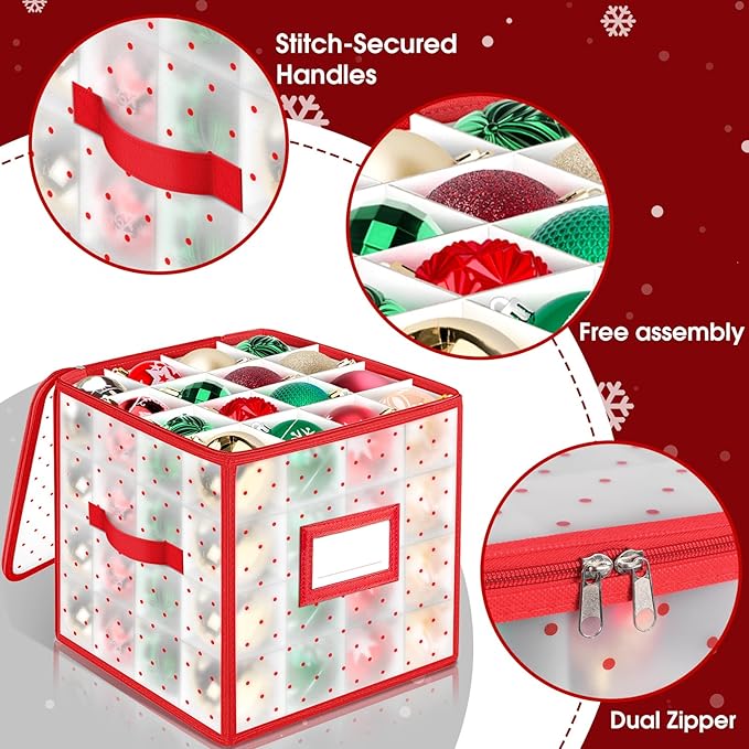 BlessedSeason Christmas Ornament Storage Box With Adjustable Dividers, Store up to 64 of 3-inch or 36 4-inch Christmas Ornaments, Xmas Ornaments Storage with Zippered Closure & Two Handles, 2 Pcs