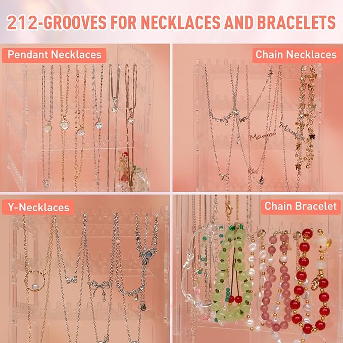 17Dec 360 Rotating Earring Holder Organizer Stand,5 Tiers Acrylic Jewelry Organizers and Storage,Stud Earring Organizers and Storage,212 Holes and 212 Grooves for Earrings Necklaces chain bracelet