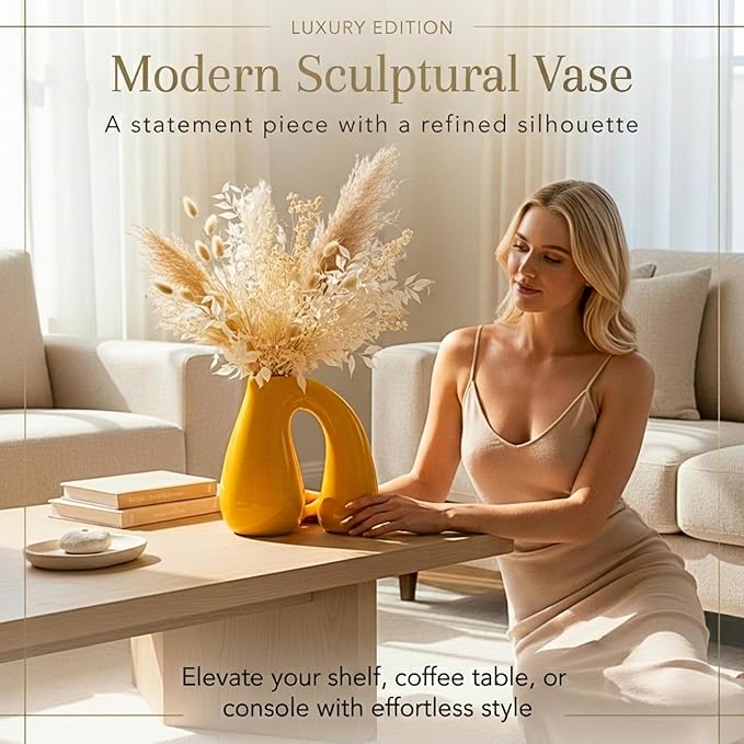 PROBENEX Yellow Ceramic Decorative Pitcher Vase, 7.5 in – Glossy Sculptural Arch-Handle, Modern Home Décor Accent for Fresh or Dried Floral Arrangements, Table/Shelf/Entryway, Giftable