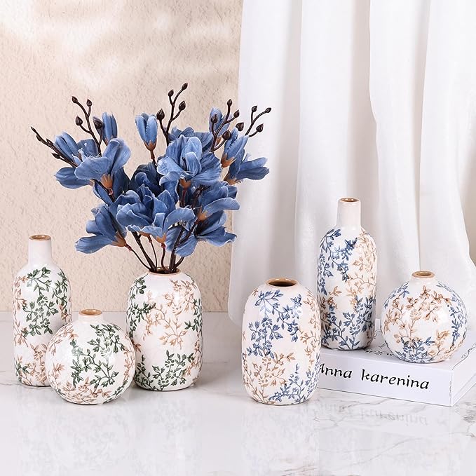 Cute Vase Matte Ceramic vases Set of 3 Blue, Modern Boho Vases for Decor Small vase,Centerpiece Table Decor japandi Home Decor Minimalist vase for Décor Room,Entryway, Bookshelf, Mantel, Shelf Décor