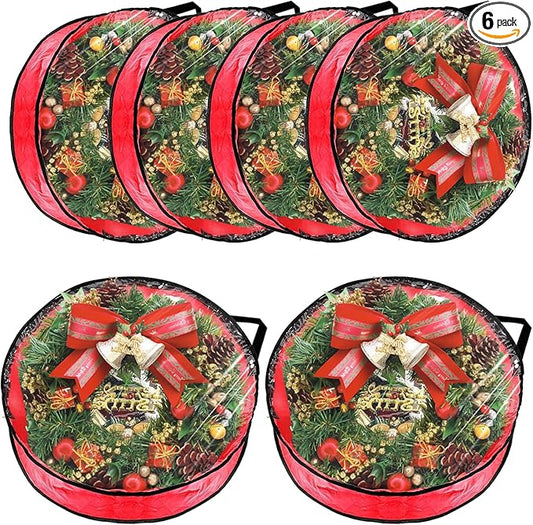 6 Pack Wreath Storage Container, 30" Christmas Wreath Storage Container, Plastic Decorative Wreath Storage Bag with Sturdy Handles for Holiday Seasonal Wreath, Red