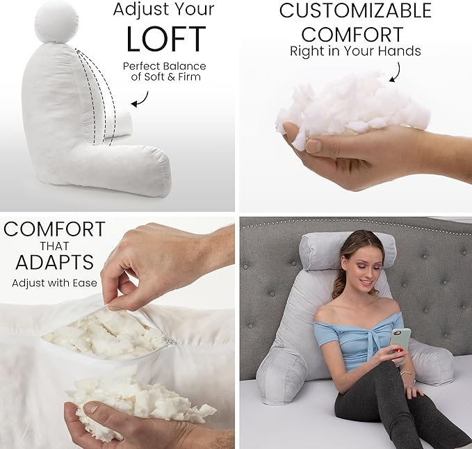 Husband Pillow XXL The Original for Adults - 30" Tall Backrest for Sitting Up in Bed - Firm Support Reading & Bed Rest Pillows for Adults, Neck Roll, Removable Cover - TV - Light Grey