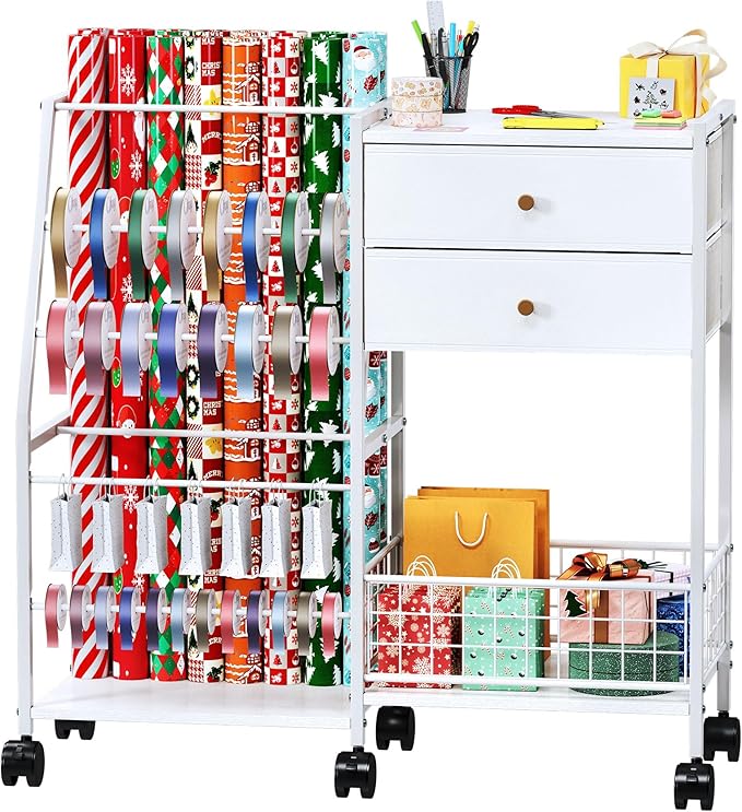 TC-HOMENY Wrapping Paper Organizer Storage Cart,Ribbon Organizer and Gift Wrap Rack with 2 Large Drawers, Blueprint Poster Holder, Craft Organizer, Christmas Paper Storage Containers with Wheels