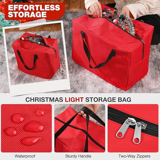 EIMMBD Christmas Ornament Storage Box and Bag, 3-Tray Organizer, Red, Large, 128 Ornaments, Waterproof, Zipper Closure