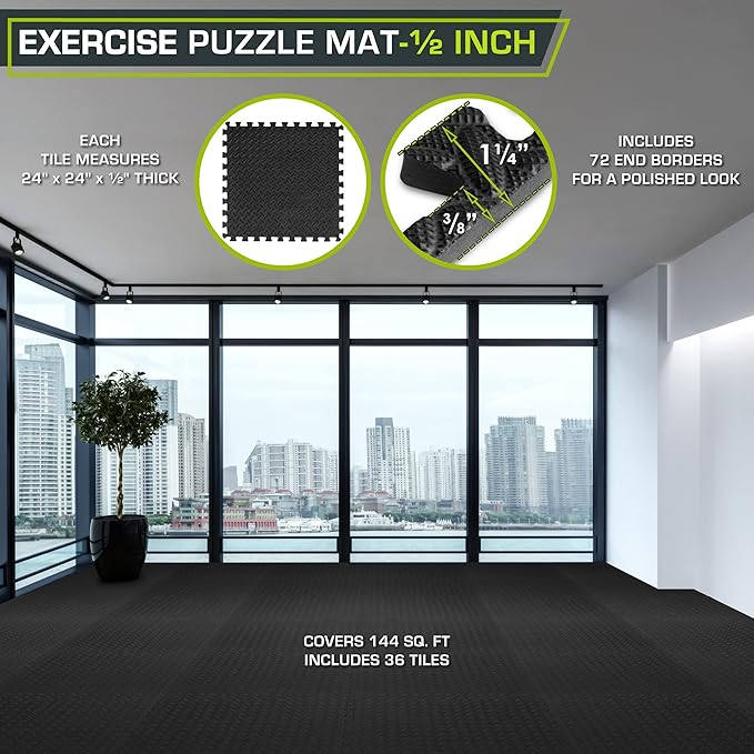 ProsourceFit Puzzle Exercise Mat ½ in, EVA Interlocking Foam Floor Tiles for Home Gym, Water-Resistant Mats Workout Equipment, Floor Padding for Kids, Black, 24 in x 24 in x ½ in, 144 Sq Ft - 36 Tiles
