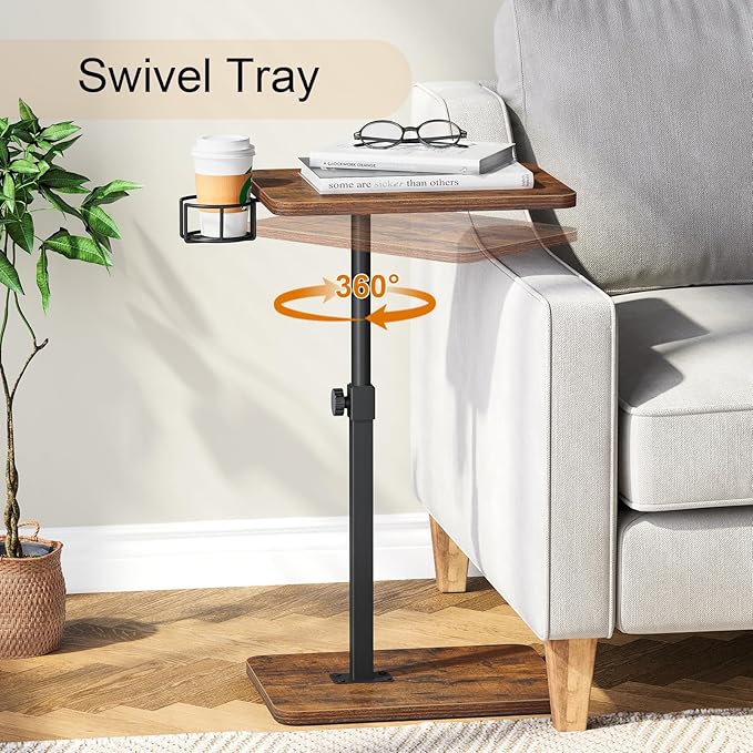 Giikin TV Tray Table, 360° Swivel Height Adjustable TV Trays for Eating on Couch,Sofa Armrest Side Table for Small Spaces Sofa Bed Dinner, Rustic Brown