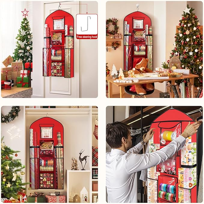Woodoulogy Hanging Gift Wrapping Paper Storage, 48x24 (Extra Large) Red Double-Sided Christmas Wrapper Bag Container, Oxford Long Craft Roll Organizer, Present Wrap Holder for Closet, Door