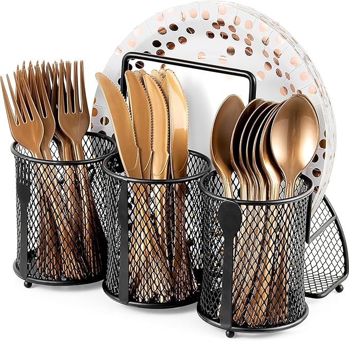 DTICON Utensil Organizer Silverware Caddy - Utensil Holder for Party Metal Cutlery Organizer Silverware Storage for Picnic Camping Buffet Kitchen Table (Black)