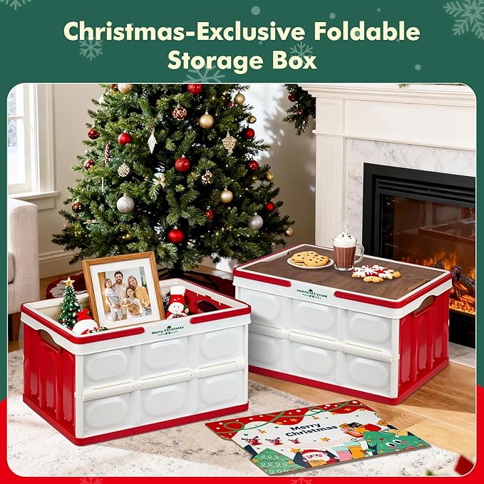 Storage Box 50L 2 Pack, Foldable Storage Box with Wood Lid & Handles, Includes Christmas Stickers for DIY, Multifunctional Wood Top for Holiday Decor, Gift & Christmas Home Organization